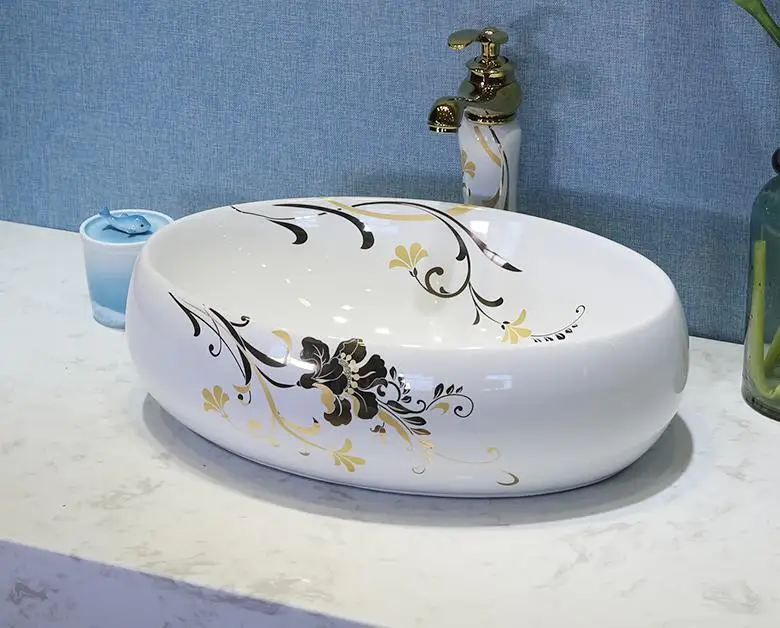 Китай керамическое блюдо с рисунком искусство Lavabo Ванная комната сосуд раковины круглый Столешница белый овальный керамический умывальник раковина для ванной комнаты - Цвет: L58CM only sink 6