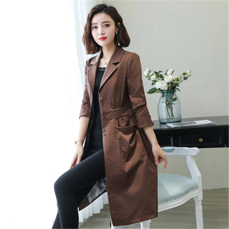 Женский однобортный Тренч облегающее длинное пальто верхняя одежда весна-осень