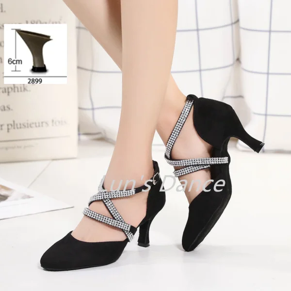 6cm flare heel Новинка; черные замшевые стразы на ремешке; Идеальная обувь для свадьбы, сальсы, танго, бальных танцев; обувь для латинских танцев; обувь для сальсы, латинских танцев - Цвет: 6cm flare heel