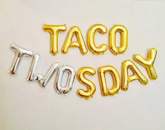 Золотые или серебряные гелиевые фольгированные шары TACO TWOsday с надписью на день