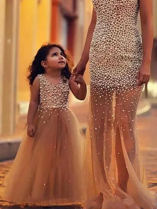 Блестящее Тюлевое платье цвета шампанского с жемчугом для девочек цветами на