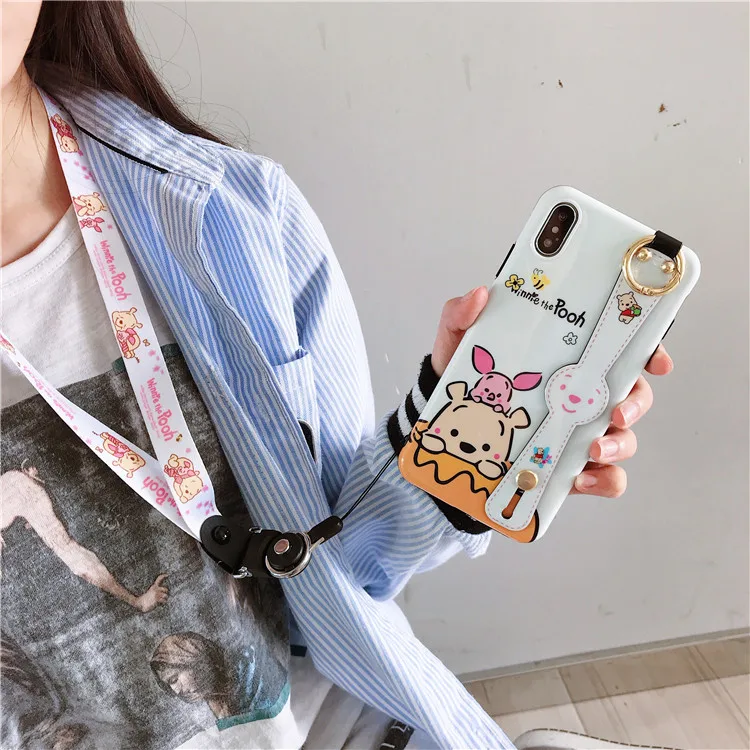 For iphone XR XS max X winnie piglet Wrist strap soft Phone Case iPhone 8plus 7 7plus 6 6S 6p Shell case stand holder +strap |