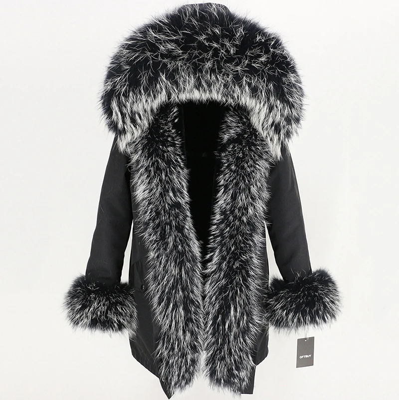 black black W OFTBUY, пальто с натуральным мехом, зимняя куртка для женщин, натуральный мех енота, капюшон, водонепроницаемая, длинная парка, съемная, уличная одежда, роскошные парки, теплые - Цвет: black black W