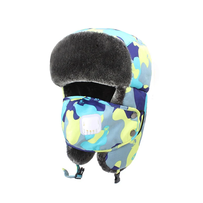 Camouflage yellow JOYHOPY Children Hat Thick Warm Kids Boys Girls Earflap Winter Trooper Hat Cap Windproof Mask Kids' Trapper/Trooper Hat - Color: Camouflage yellow