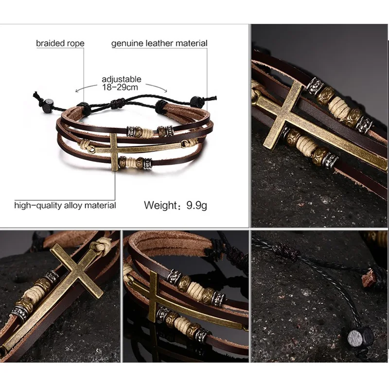 Vnox кожа Крест Браслеты для Для женщин мужчин Jewelry Размеры Регулируемый Богемия