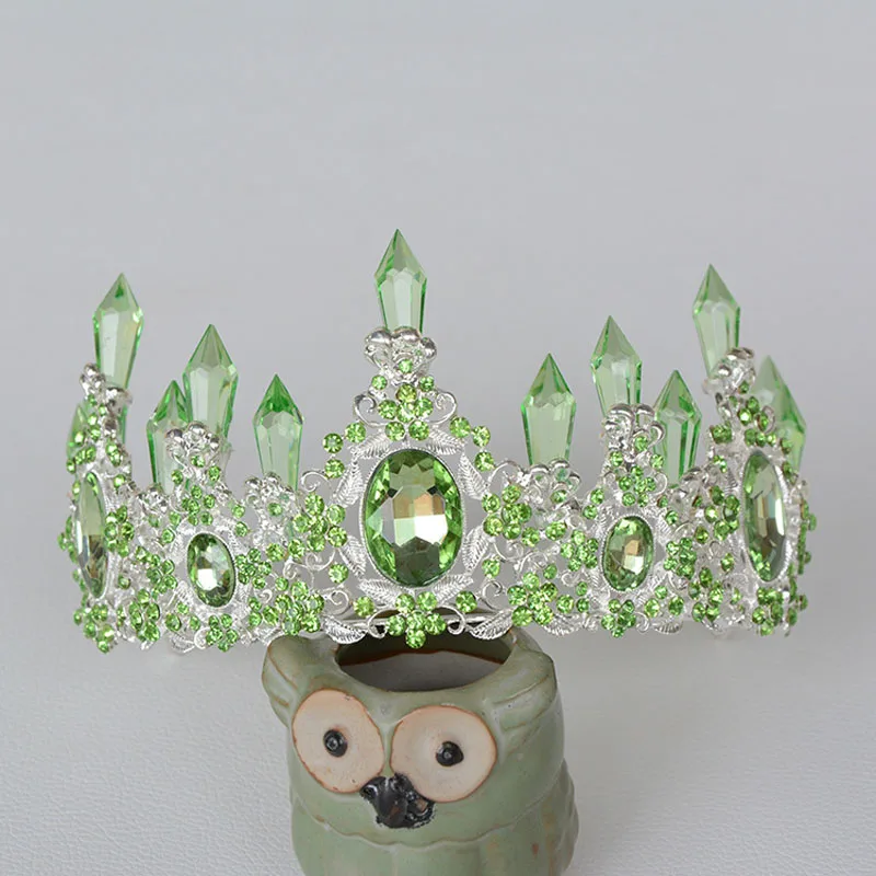 Green Silver Золотая, серебряная корона в стиле барокко, королевский синий кристалл, свадебная корона, красные стразы, винтажная диадема для невесты, аксессуары для волос - Окраска металла: Green Silver