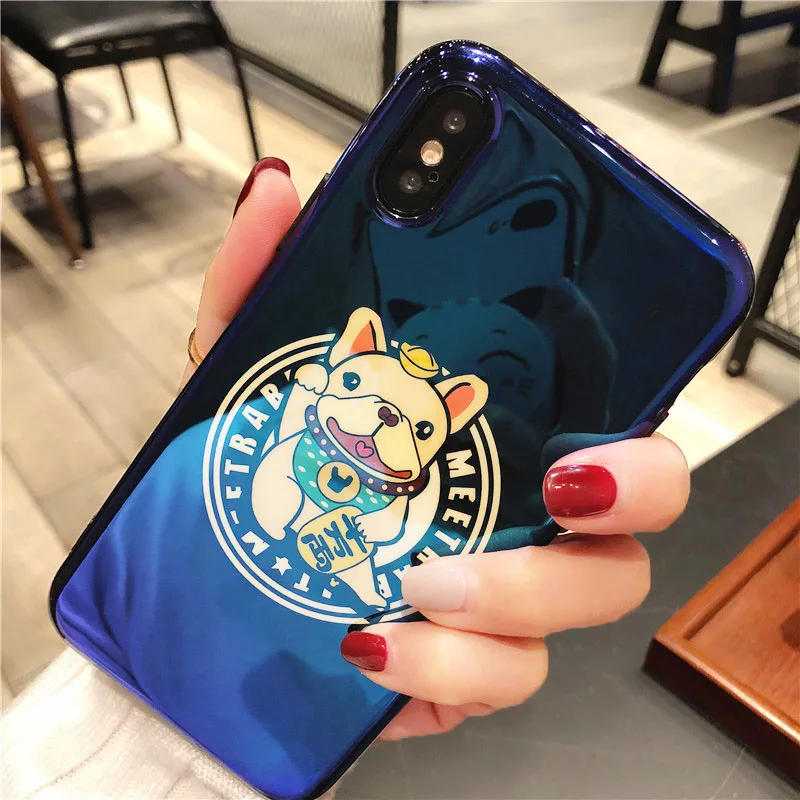 Синий лазерный глянцевая мультфильм чехол для iPhone 7 мягкой ТПУ глянцевый синий