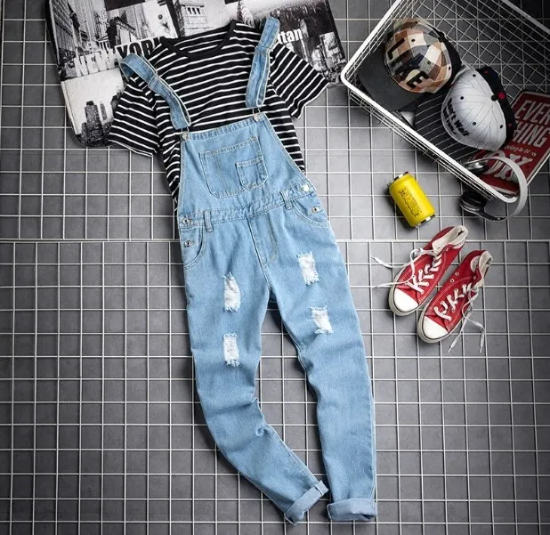 

Male Casual Blue One Piece Sleeveless Denim Jumpsuit Men Ripped Jeans Overalls Pocket Cowboy Hip Hop Suspender Pants Plus Size