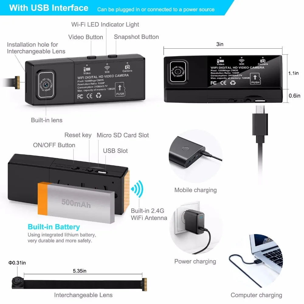 Мини Двойная камера WiFi HD 1080P Портативная Беспроводная небольшая ip-камера няня со