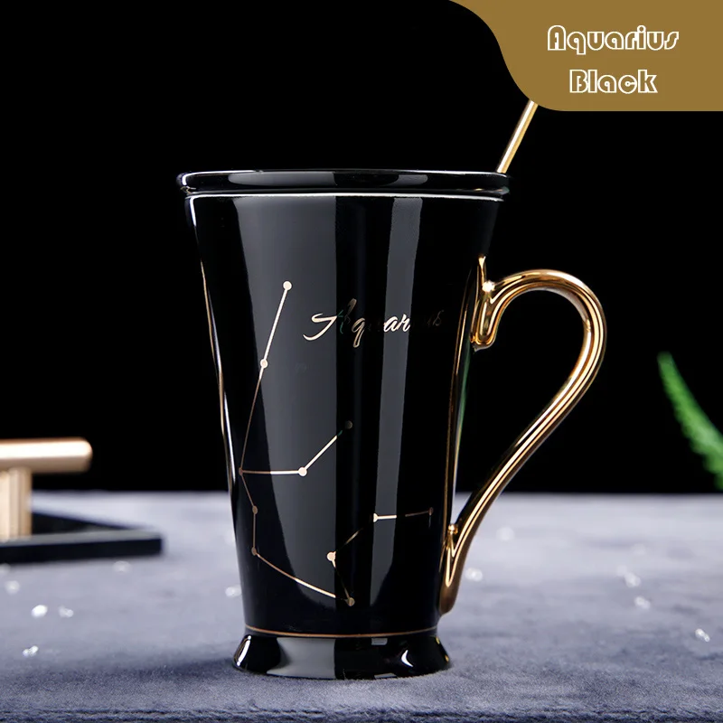 Aquarius black Wourmth 12 созвездий кружки белый и золотой костяной фарфор кофе молоко кружка с ложкой из нержавеющей стали Зодиак керамическая чашка - Цвет: Aquarius black