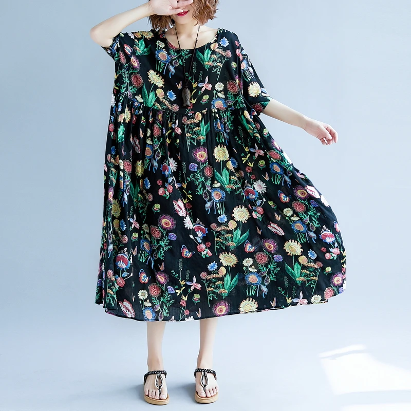Uego Holiday Beach Casual Dress Thin Soft Cotton Linen Print Floral Plus Size 5XL 6XL Loose Summer Women Long Maxi | Женская одежда