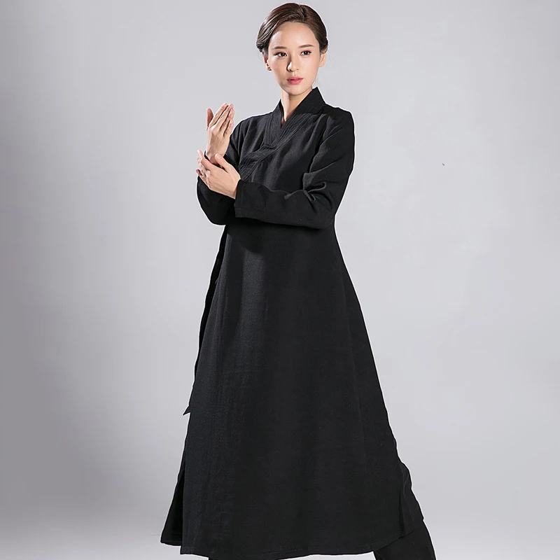 2018 New Pattern Tai Chi Robe Men And Women Long  Oblique Loose Coat  Flax  Overcoat Robe Black And White Only Top