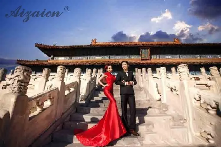Сезон: весна–лето Красное атласное платье Cheongsam современные невесты Qi Pao Для женщин традиционное китайское свадебное платья платье Тонкий Русалка Qipao