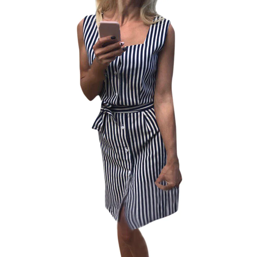 Женское платье в полоску без рукавов с принтом тонкое Повседневное пуговицами