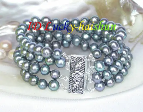 

Selling Jewelry>>>Genuine 8" 4row 8mm round peacock black pearls bracelet 925 silver clasp