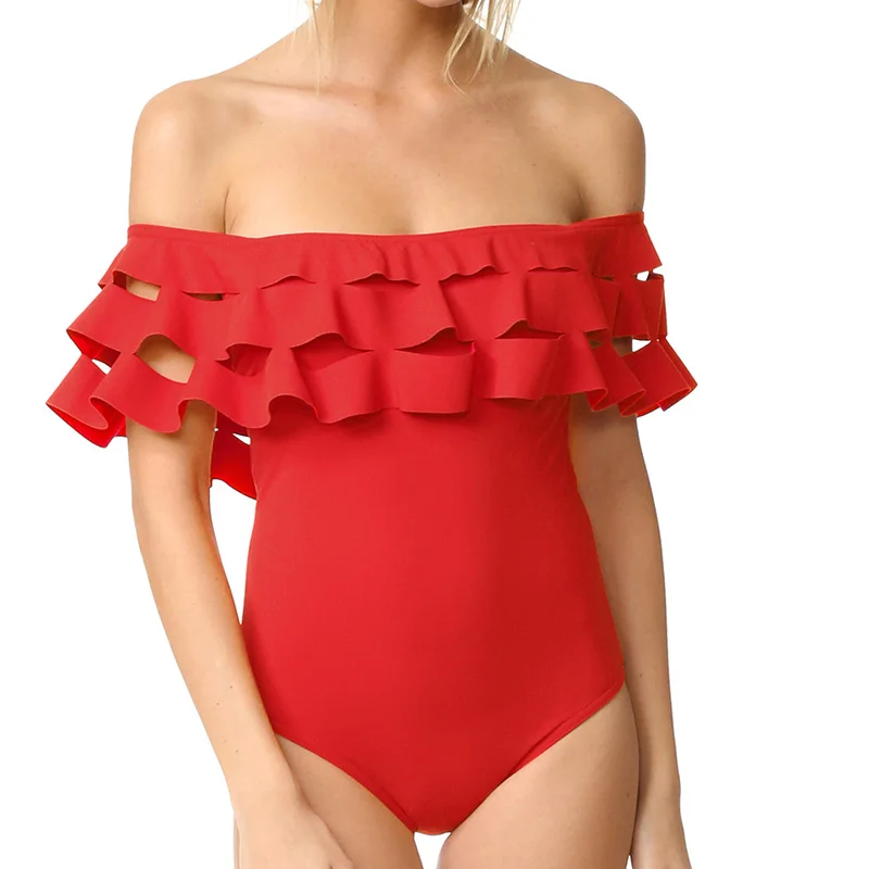 BiLvLanLv Women One-piece Swimsuit Ruffle Sexy Off Shoulder Bodysuit Swimwear Solid Black Red Hollow Beach Wear Bathing Suit | Спорт и