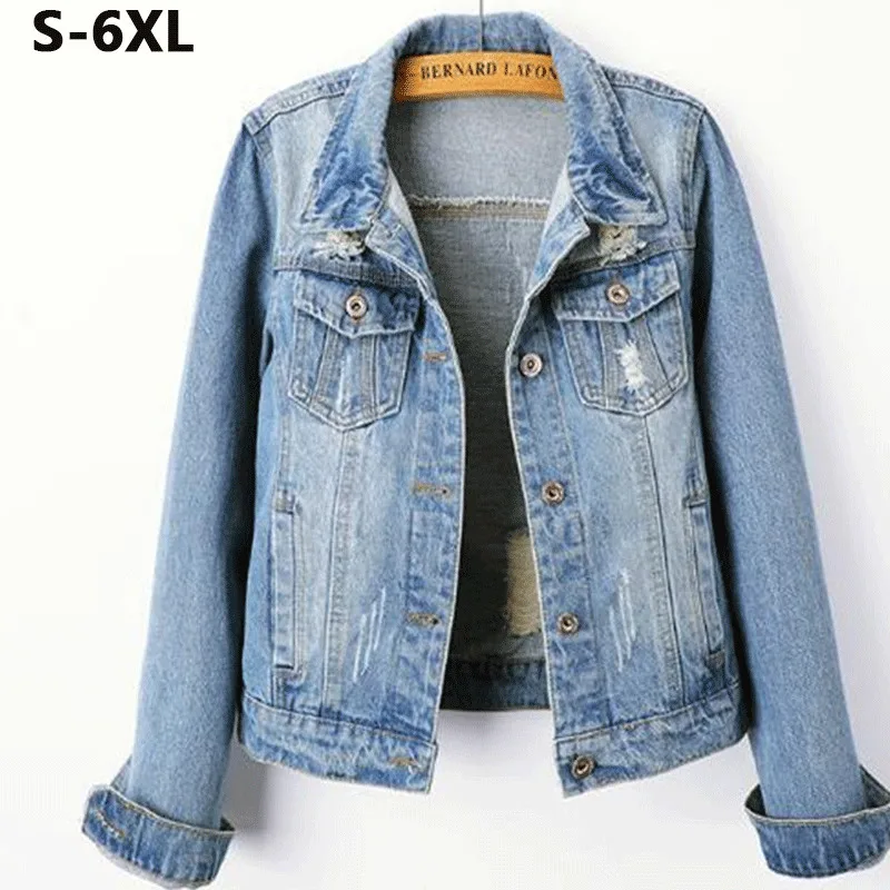 

2021 Plus Size 5XL 6XL autumn Denim Jacket Women Short Jeans Jacket Coats Light Washed Slim Outwear jacket casaco feminino blue