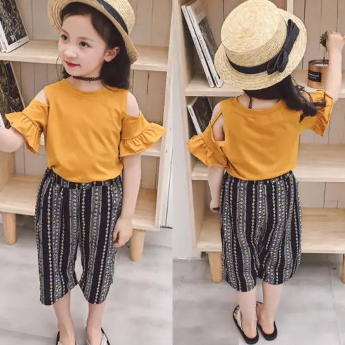 New Kids Baby Girl Off shoulder T Shirt Tops Striped Flared Pants Clothes Outfits Fashion Summer Girls | Детская одежда и обувь