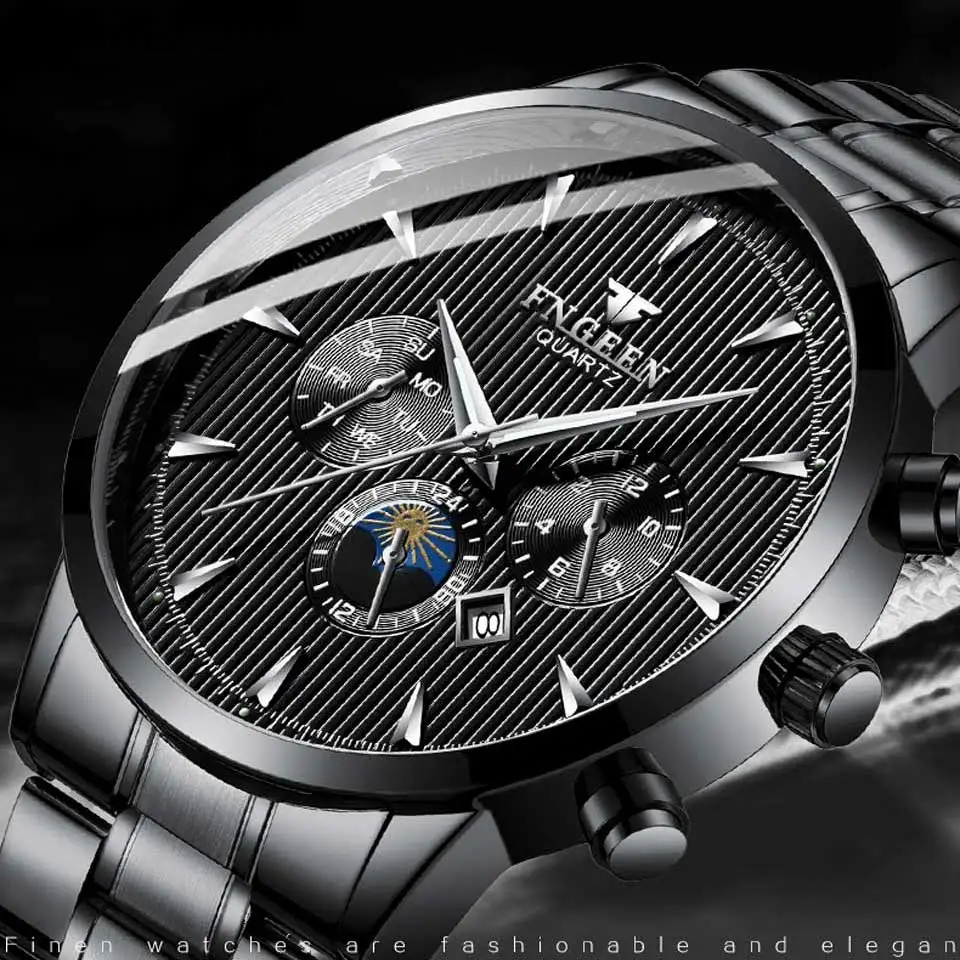FNGEEN Mens Watch Luxury Men's Stainless Steel Quartz Analog Date Wrist Sport Watches belt watch Relogio Masculino | Наручные часы