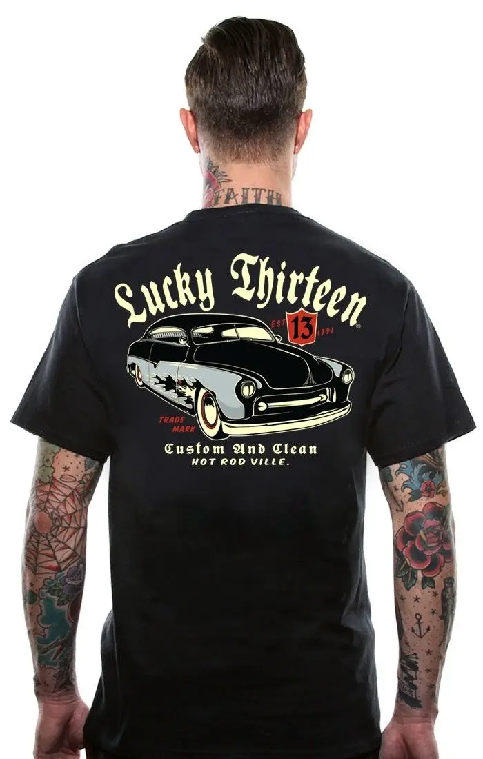 Аутентичные Lucky 13 пользовательских чистке Hot Rod футболка M L XL 2XL 3XL Новый | Мужская