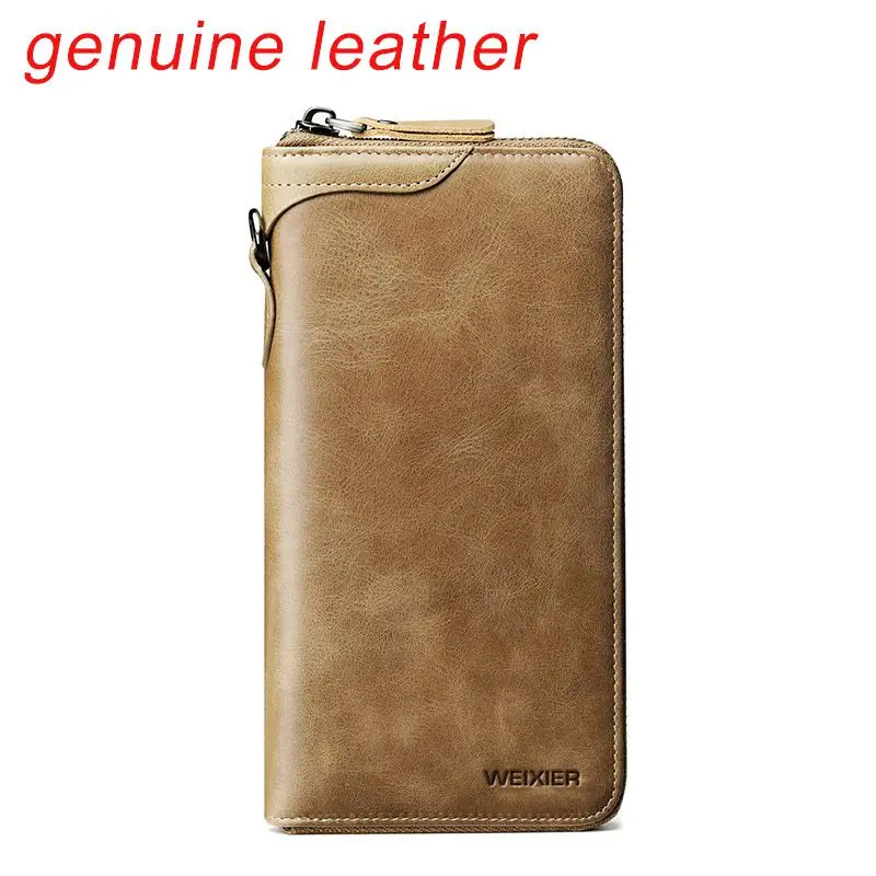 genuine-khaki Повседневный мужской длинный кошелек, натуральная кожа, мужской кошелек, коровья кожа, кошельки для мужчин, однотонный кошелек на молнии, держатель для карт, мужской клатч - Цвет: genuine-khaki