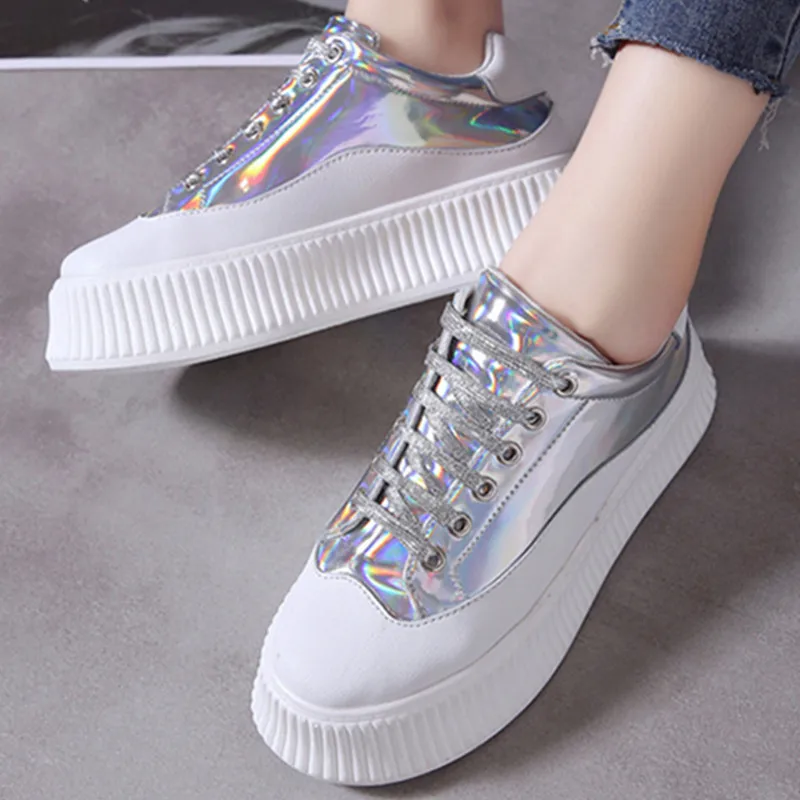 2019 New Creeper Sneakers Women Casual Shoes Bright Leather PU Lace-up Wedge Air Platform Pink Silver Chunky Woman | Обувь