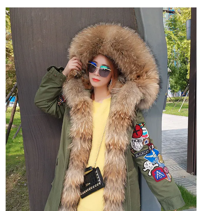 Женское зимнее меховое пальто, куртки, настоящий цветной воротник из меха енота и парки на подкладке, винтажная теплая Толстая армейская зеленая черная длинная парка