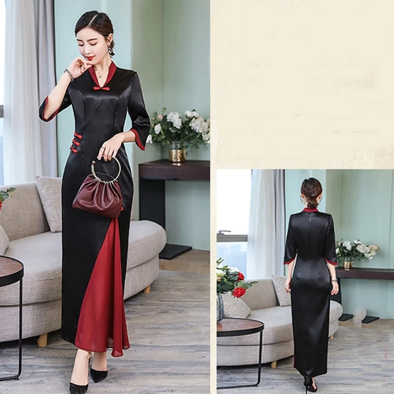 Традиционное китайское вечернее платье черные вечерние платья Cheongsam вьетнамское