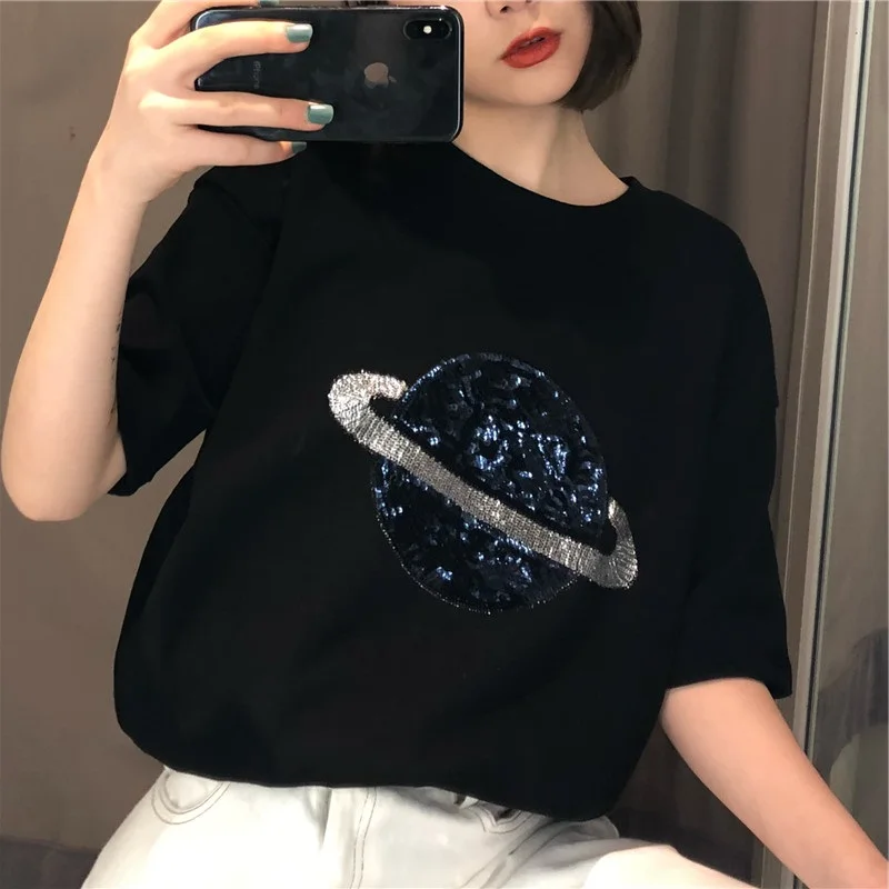 Модные дизайнерские футболки с блёстками женские коротким рукавом для девочек