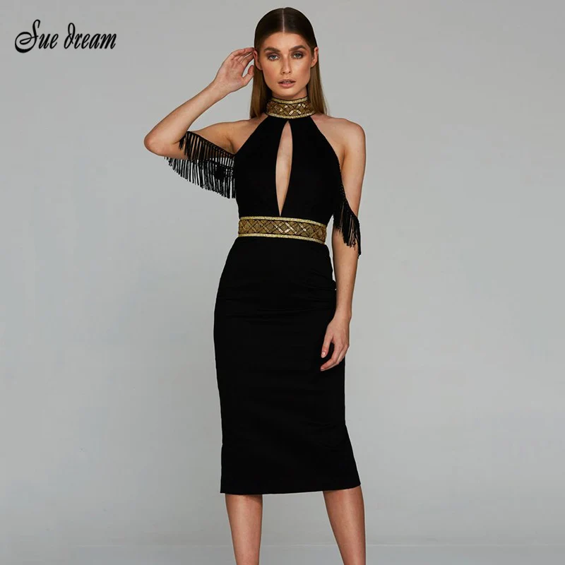 Новинка 2017 летнее женское черное Бандажное платье с золотым принтом