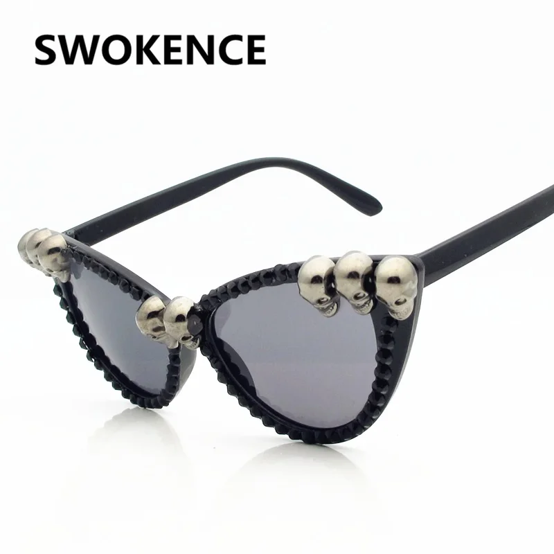 SWOKENCE, Череп, оправа, кошачий глаз, солнцезащитные очки для мужчин и женщин, крутые черные стразы, солнцезащитные очки, для Хэллоуина, вечерние, в стиле хип-хоп, UV400, CE SB58