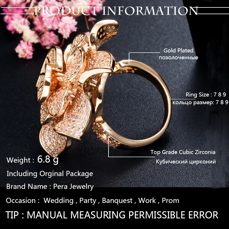 Pera Luxury Big Statement Leaf Cluster Shape for Women Wedding Cubic Zirconia Yellow Gold Bridal Finger Rings Jewelry Gift R091 images - 6