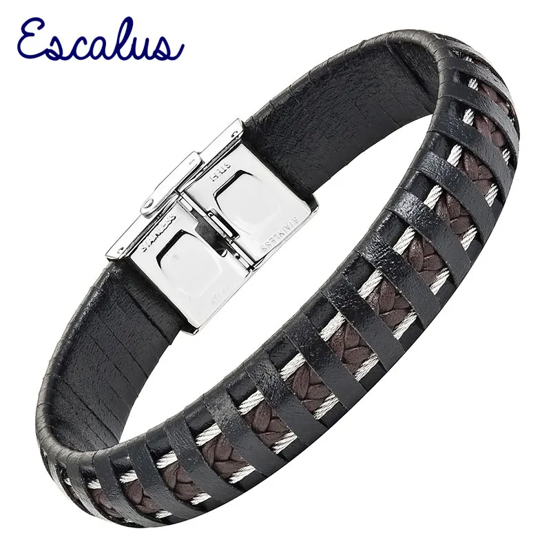 Escalus Braid Brown Black Genuine Leather Women Bracelet 2-Tone Stainless Steel Buckle Men Bangle Charm Wristband Pride | Украшения и