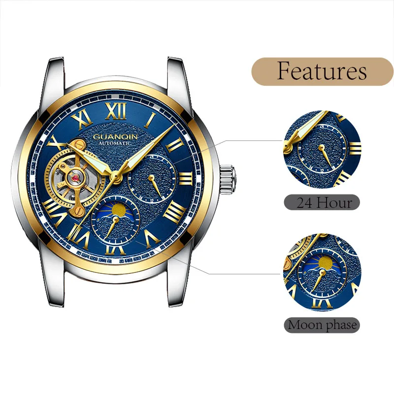 Мужские автоматические часы GUANQIN роскошные механические с каркасом Tourbillon черные