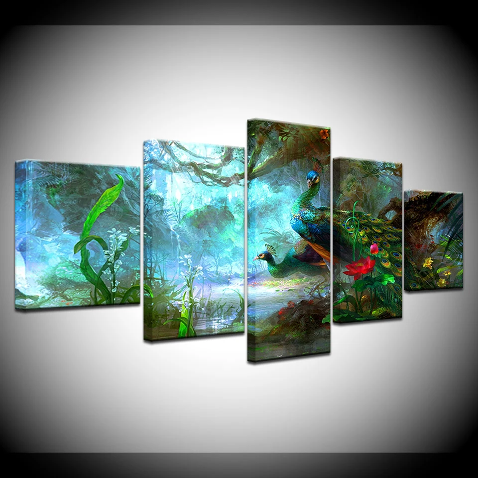 

5 Panel/piece HD Print Two peacock in forest modern wall posters Canvas Art Painting For home living room decoration