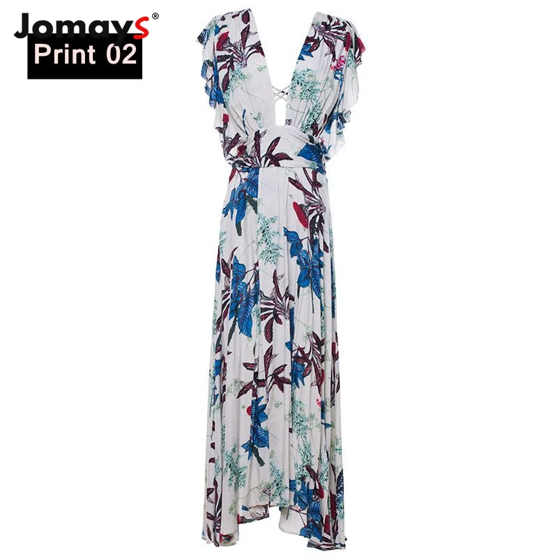 Женское длинное платье с цветочным принтом и глубоким V образным вырезом|Женские
