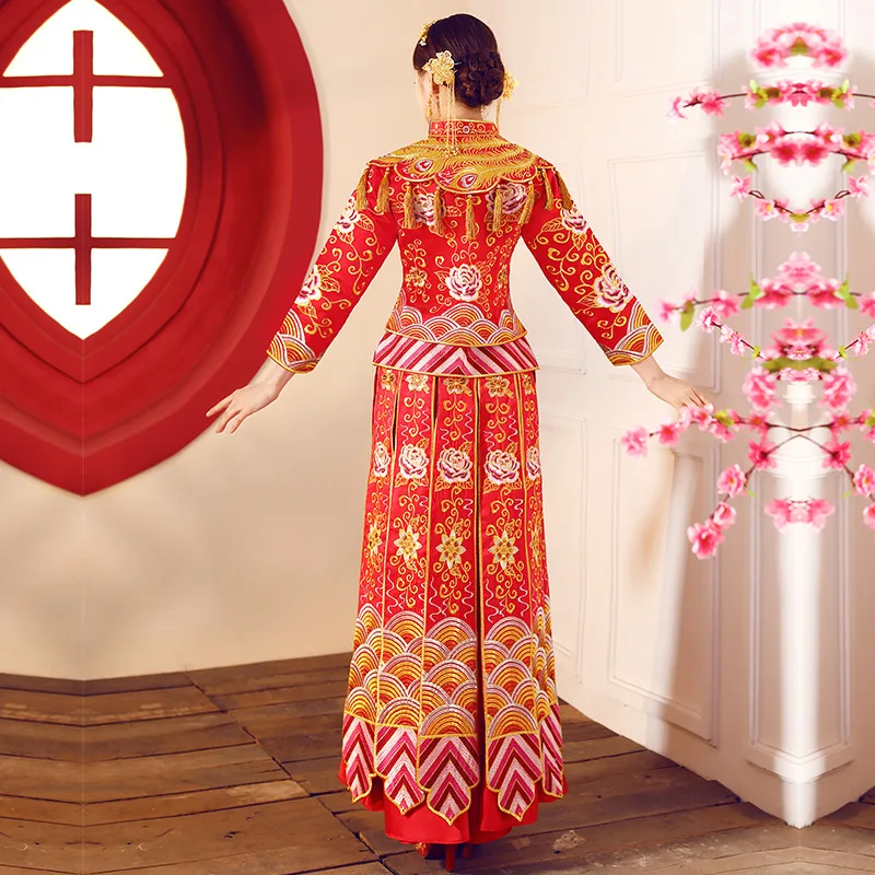 Красное женское традиционное свадебное платье Qipao 2018 новое с вышивкой и