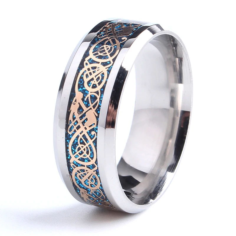 free shipping 8mm silver color blue carbon fiber dragon 316L Stainless Steel rings for men women wholesale | Украшения и