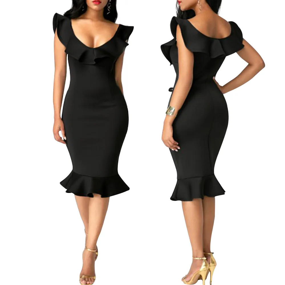 Sexy Sleeveless Ruffles Mermaid Dress for Women Solid Knee Length Summer Party Dresses Elegant Empire Club Vestidos|Женские платья| |