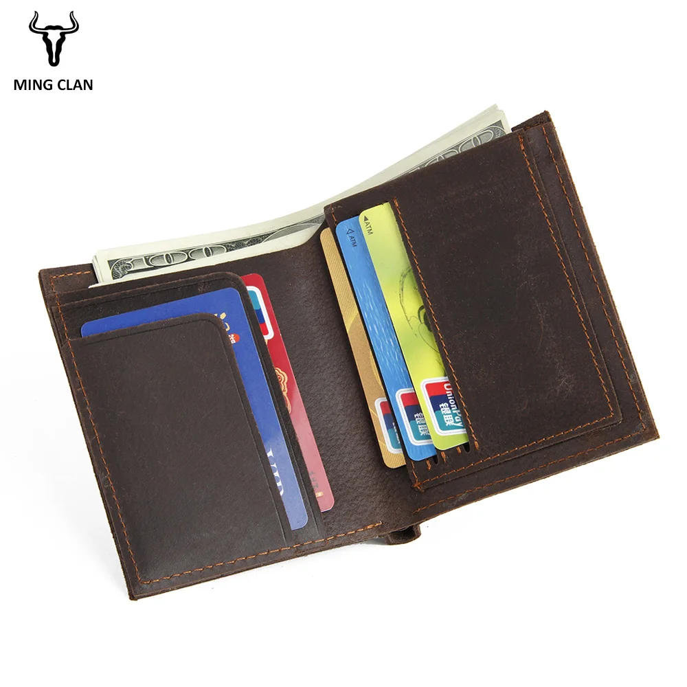 Mingclan Crazy Horse Men Wallets Genuine Leather Male Purse Porte Carte Card Holder Slim Wallet Clutch Short Travel Pocket Bag