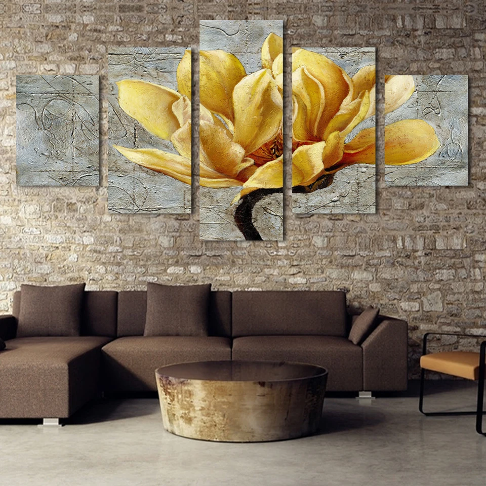 

ALMUDENA Home Decoration Canvas Painting 5 Pieces Gold Orchid Flower Oil Painting Unframed Living Room Modular Wall Art Poster