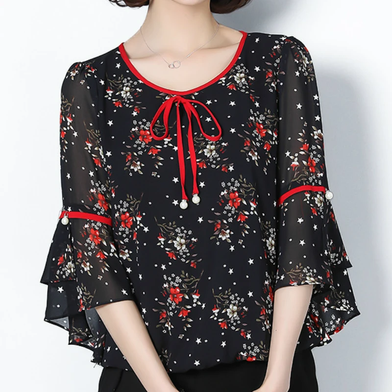 Летние топы шифоновая блузка женская рубашка модная 2018 с расклешенными рукавами