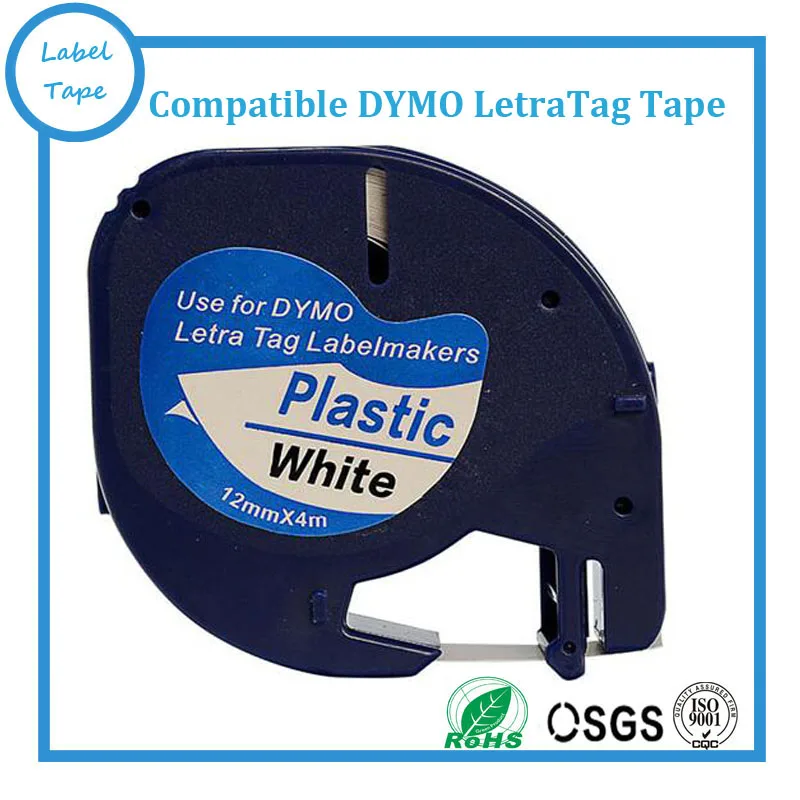 

12 мм черный на белый пластик ленты DYMO Совместимые letratag 91201