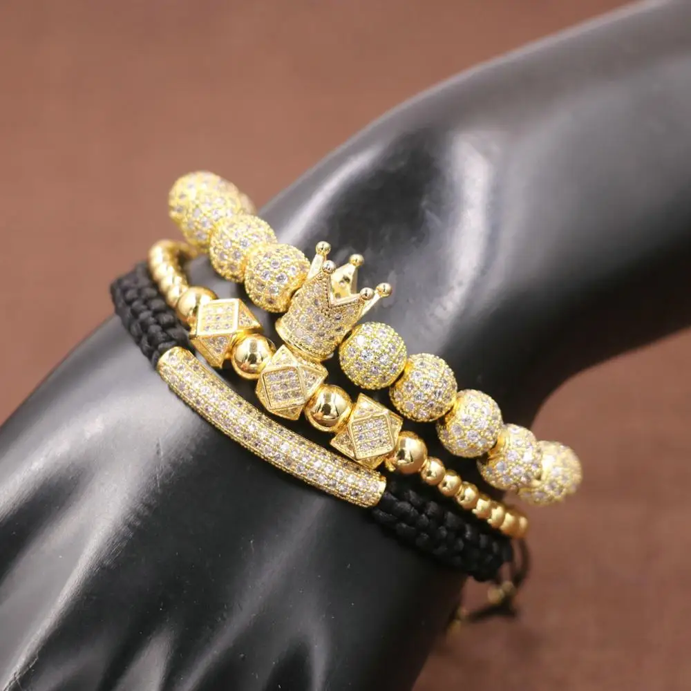 

3pcs/Set Hip Hop Gold Crown Bracelets 8MM Micro Pave CZ Ball Charm Braided Bracelet Men Luxury Masculina Pulseira Bileklik