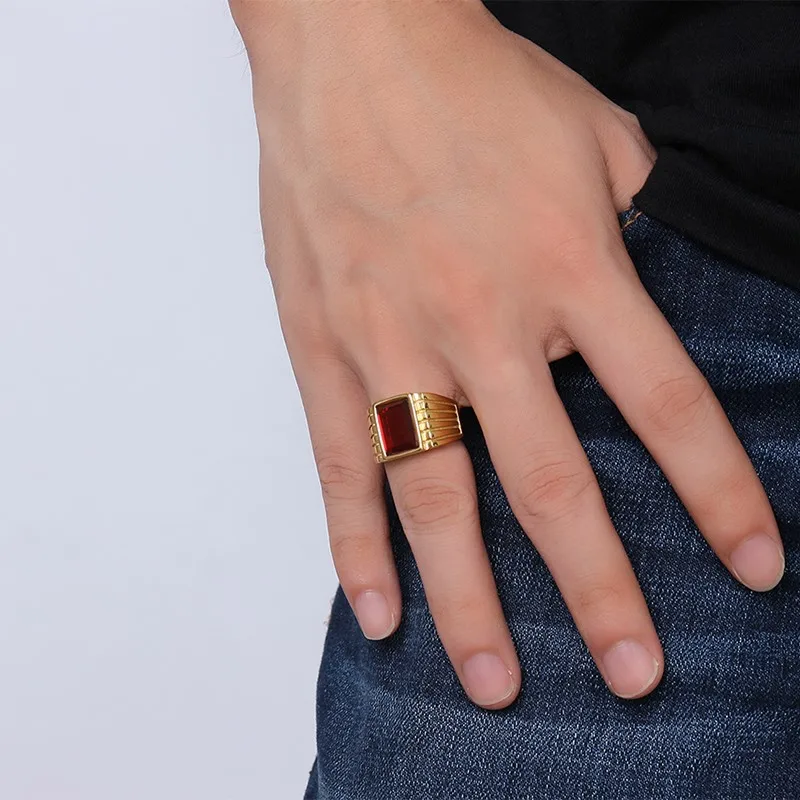 Vnox большой красный камень Кольца для Для мужчин Jewelry Прохладный Золотой Цвет 316L