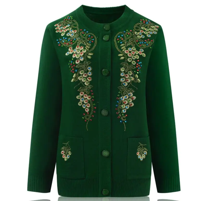 Middle and Old Age Women's Spring Autumn printed Sweater Cardigan 60-70 Year Grandmother Knitted Jacket Cashmere Pockets |