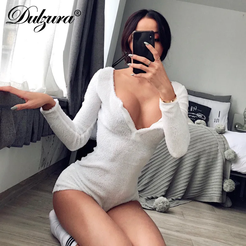 Dulzura 2019 Новинка весны для женщин playtsuit бархат с длинным рукавом bodycon Белый теплый