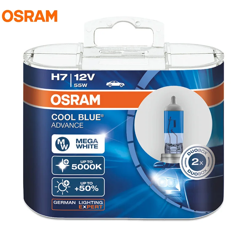 

OSRAM Cool Blue Advance H1 H3 H4 H7 H9 H11 9005 9006 HB3 HB4 9003 12 в 5000K Mega белые галогеновые лампы для автомобильных фар, противотуманных фар, 2X
