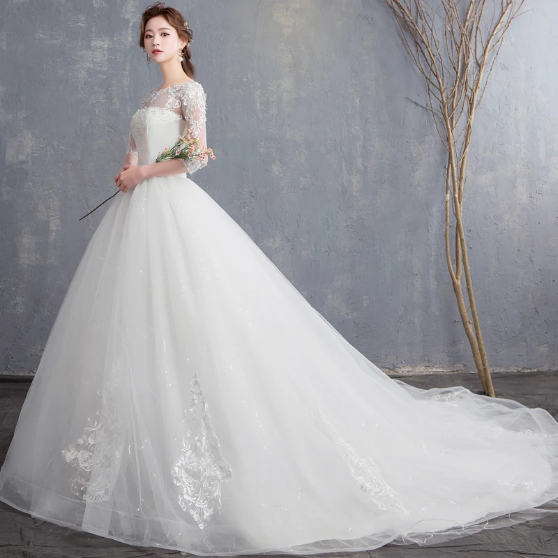 Свадебные платья со шлейфом новинка Vestidos de novia с круглым вырезом цвета слоновой