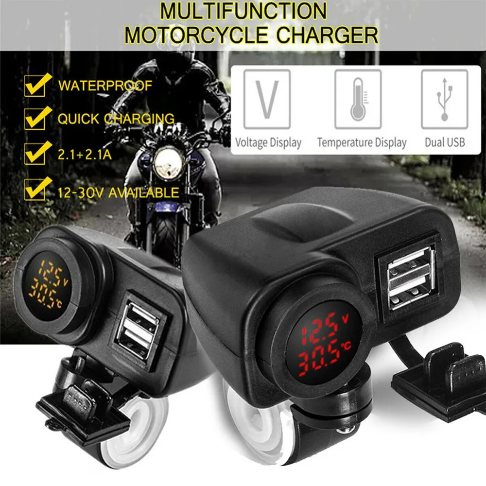 12V светодиодный usb-зарядное устройство для мотоцикла 2.1A+ 2.1A Цифровой вольтметр+ термометр высокая температура Коррозионностойкий водостойкий